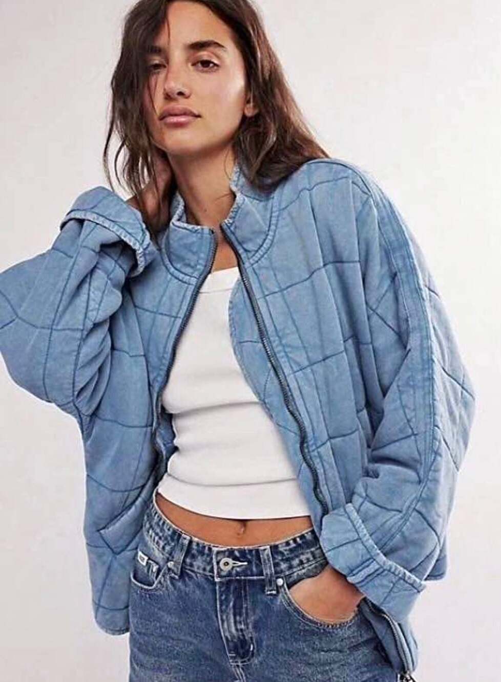 Free People Light Blue Quilted Bomber Jacket